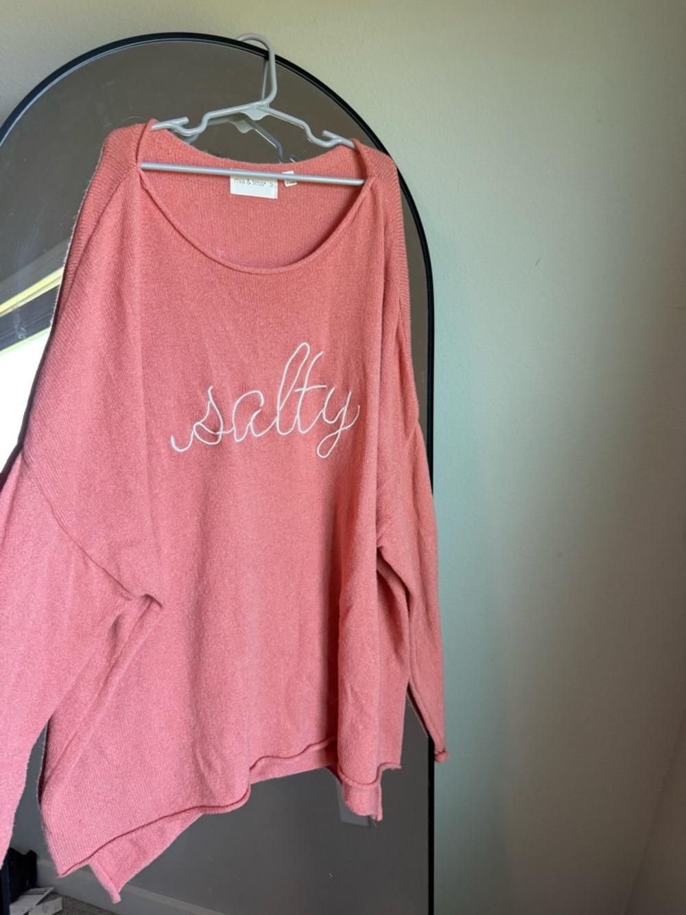 Mia & Tess ‘SALTY’ sweater in coral with white embroidery. NWOT